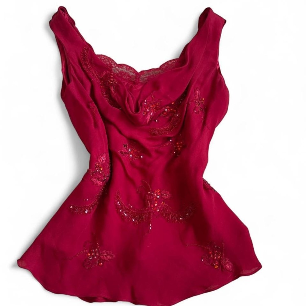 Vintage 100% Silk Red Beaded Blouse with Cowl Neck